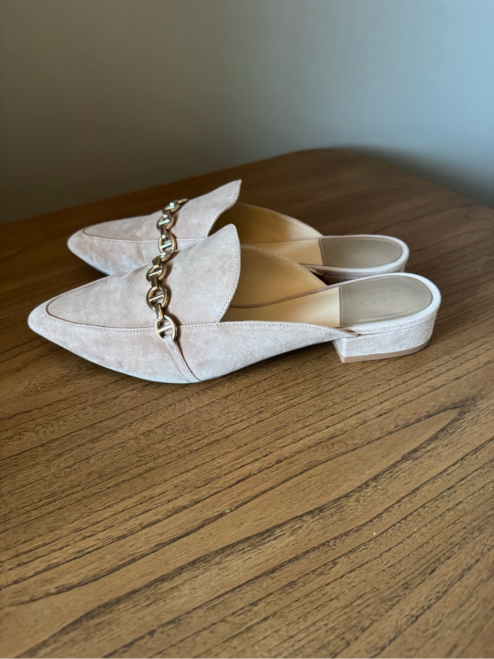 Alex Marie Pointed Toe Slip-On Mules with Gold Chain - Beige Suede